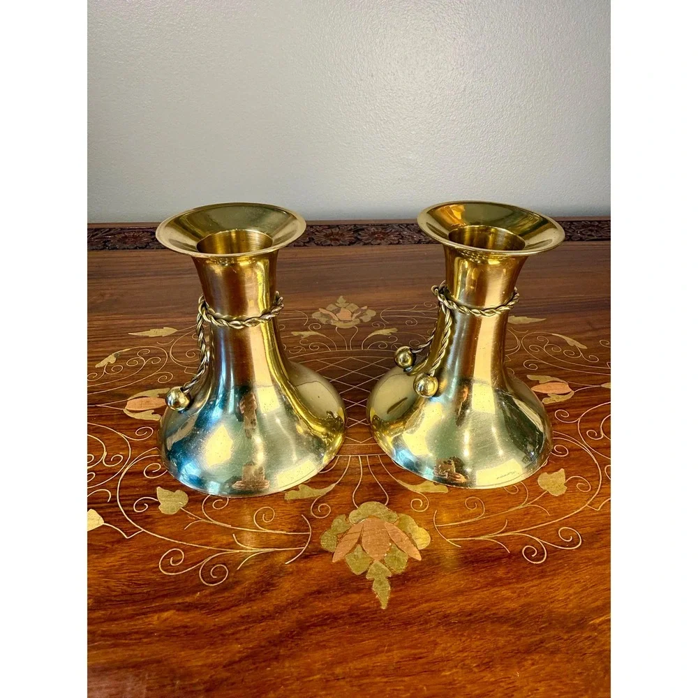 Vintage Brass Candlestick Pair • Tassel Taper Candle Holders